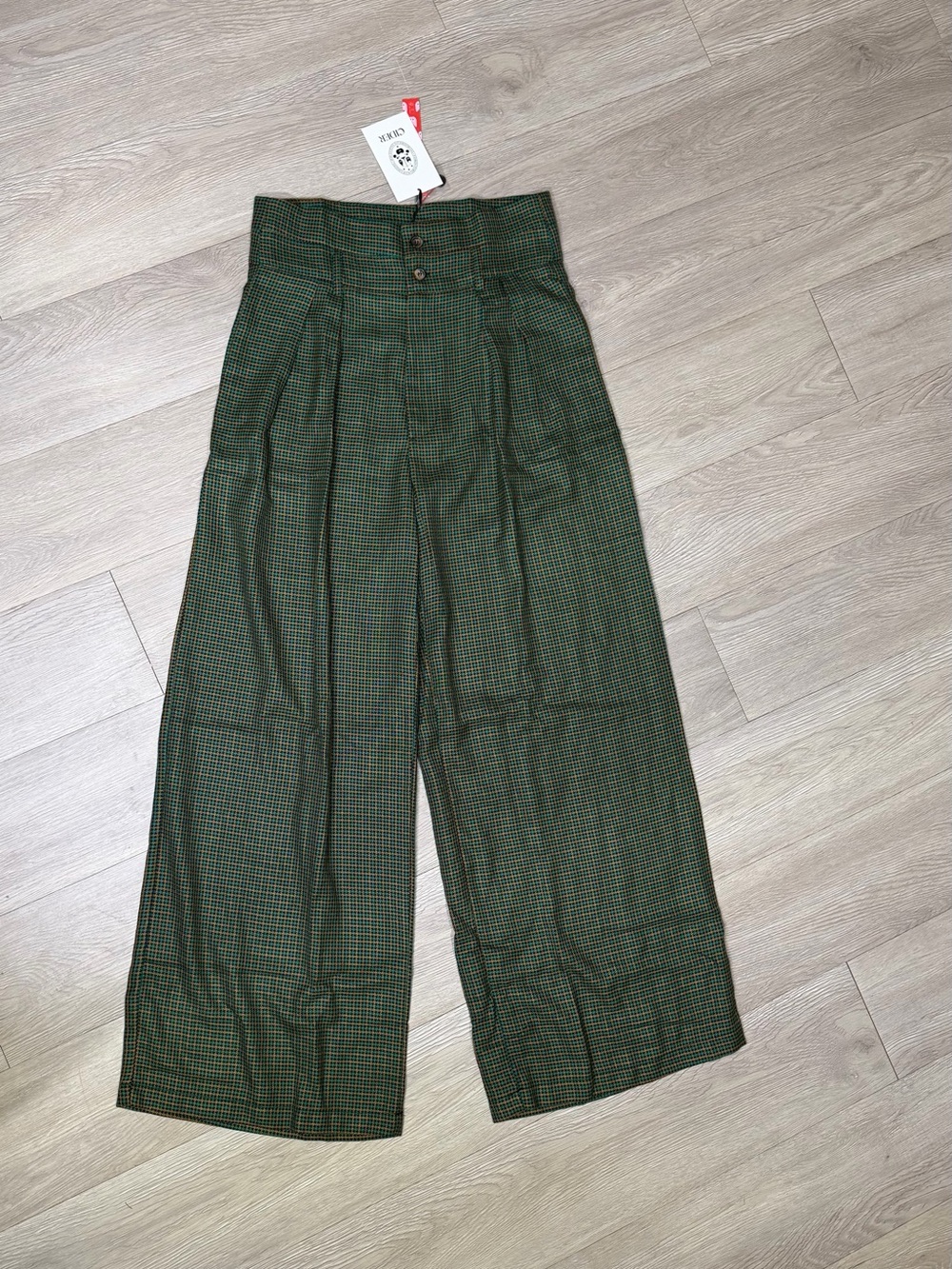 Cider Olive Green Plaid High-Waist Wide-Leg Trousers - Picture 2 of 5